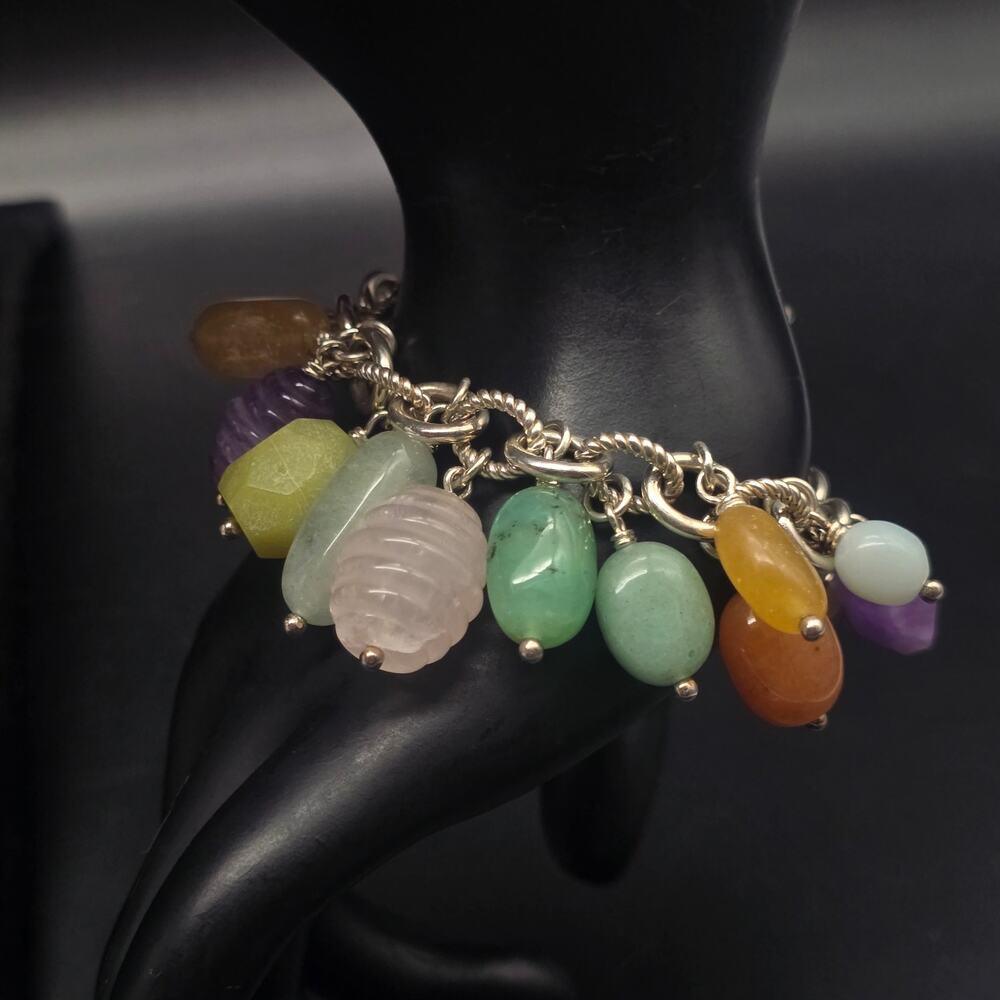 JB Sterling Silver Gemstone Charm Bracelet Multicolor Quartz Amethyst